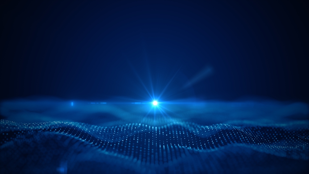 A high-definition, minimalist particle field visualisation representing market addressability, showing a singular light source above a deep, complex wave structure of out-of-market buyer potential.