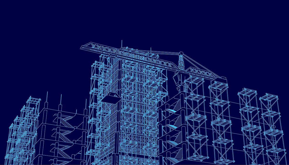 Blueprint rendering of scaffolding and construction, representing scaling operating models