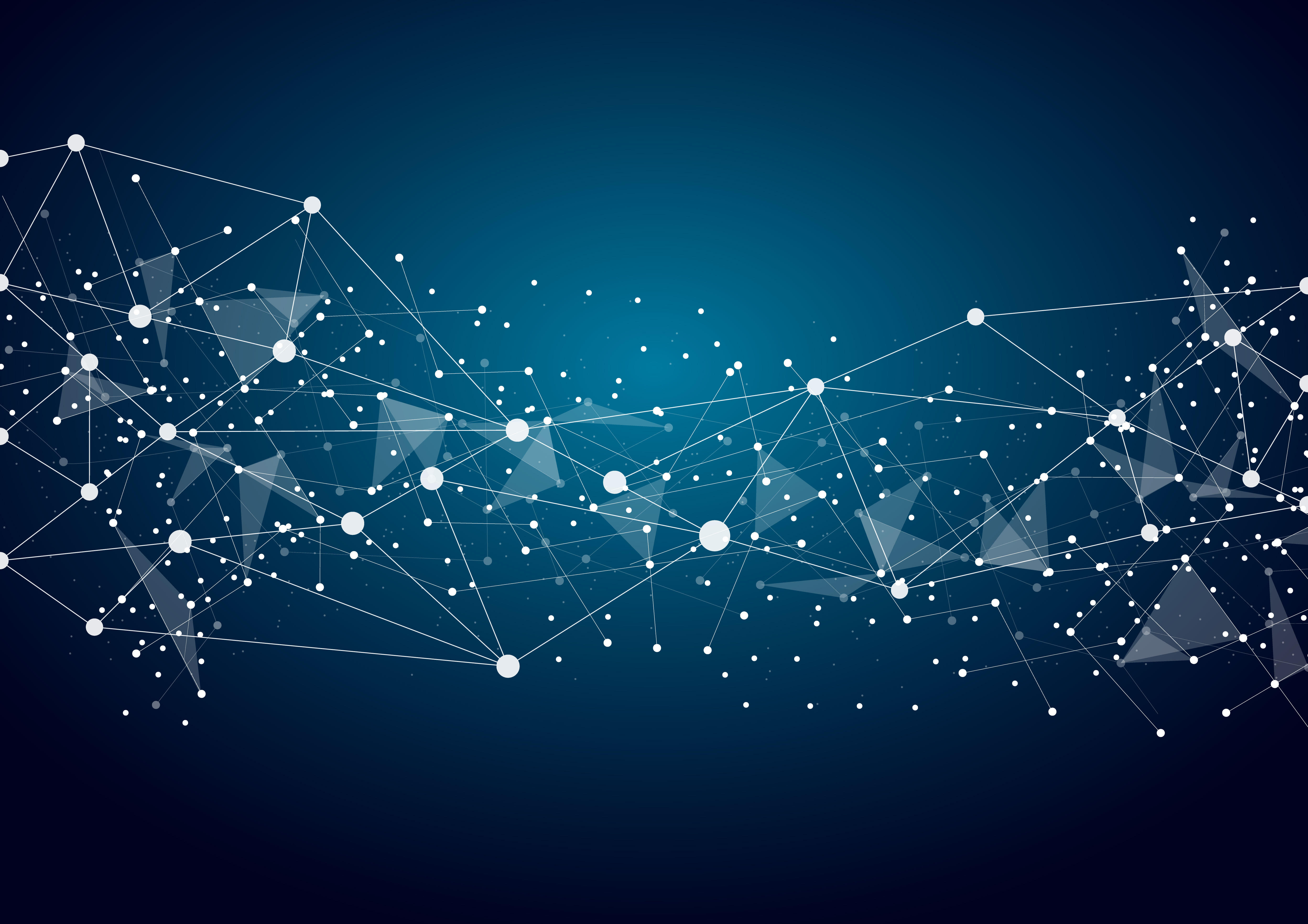 Abstract corporate network diagram showing interconnected nodes and vectors illuminating a dark blue background, visually representing a fluid digital work chart over a static organisational hierarchy.